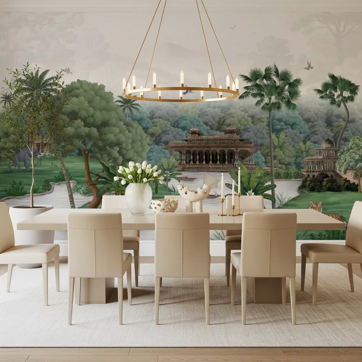 Built from quiet tones, Emerald Palace wall mural marks a Dining room .