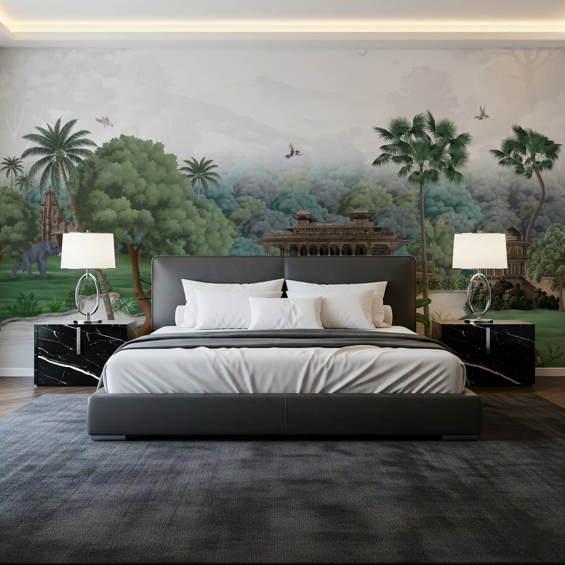 Stone shrines and palms cover Emerald Jungle Palace wall mural in a bedroom corner.