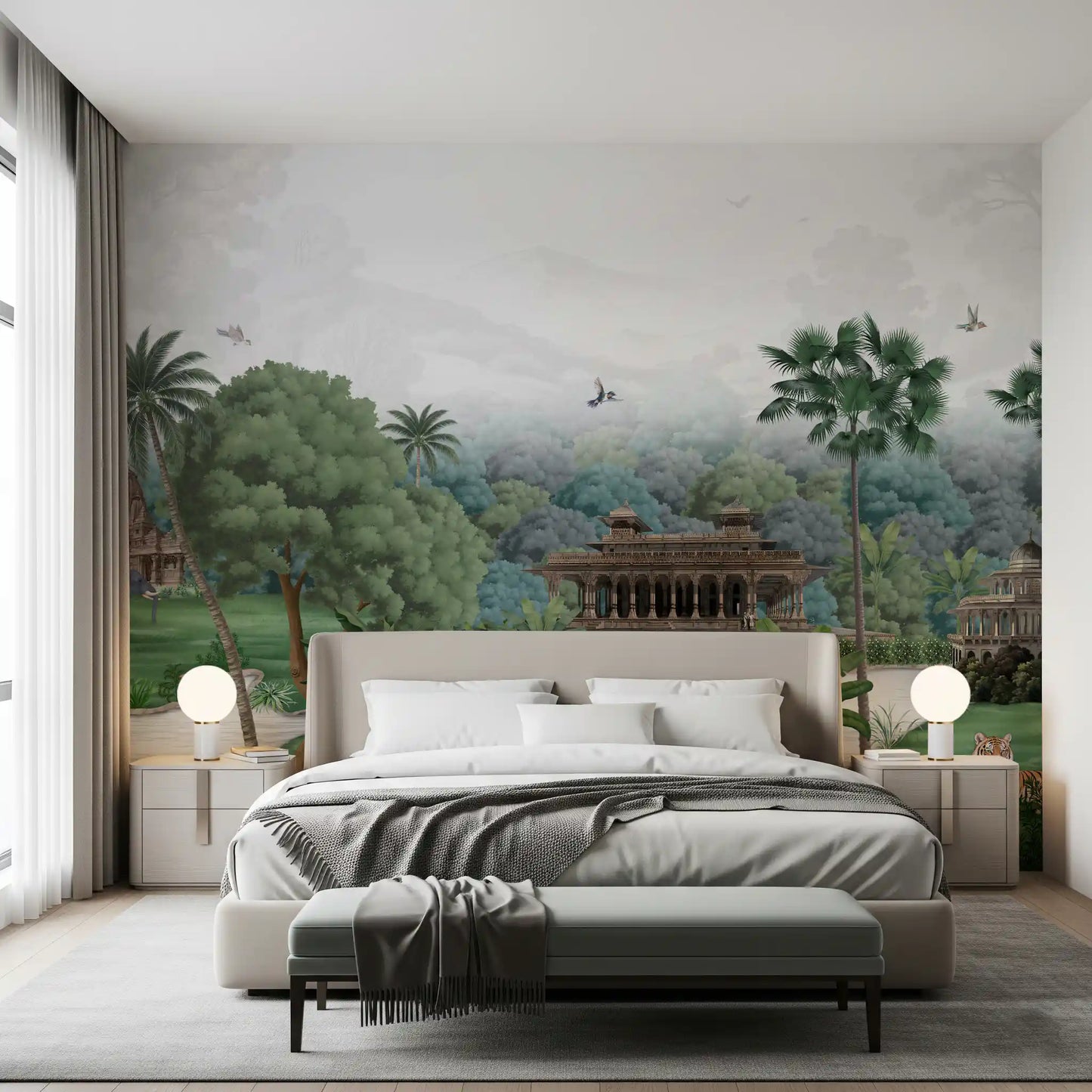 Pale skies frame Emerald Jungle Palace wall mural above palms, shrines and a still river.