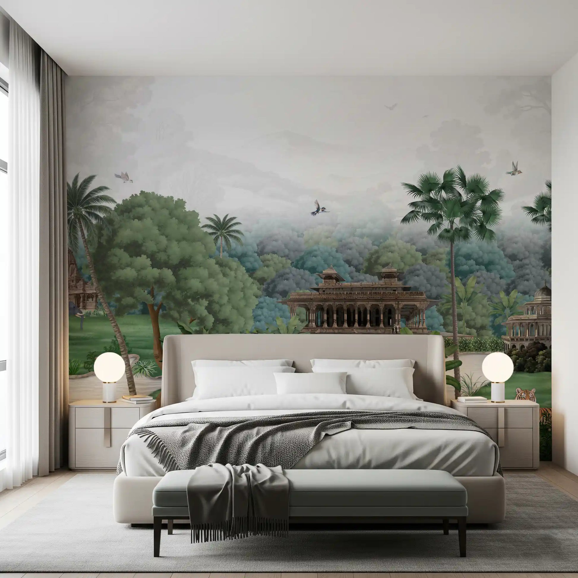 Pale skies frame Emerald Jungle Palace wall mural above palms, shrines and a still river.