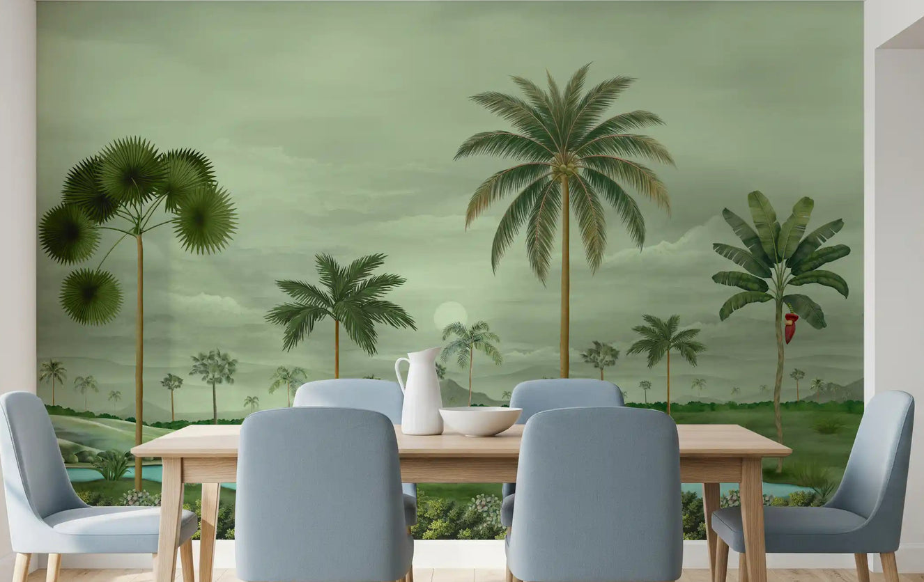 Dining room River Landscape Mural featuring palms and calm blue channels