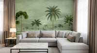 Living room Lush River Palms wall mural with blue water and tropical trees