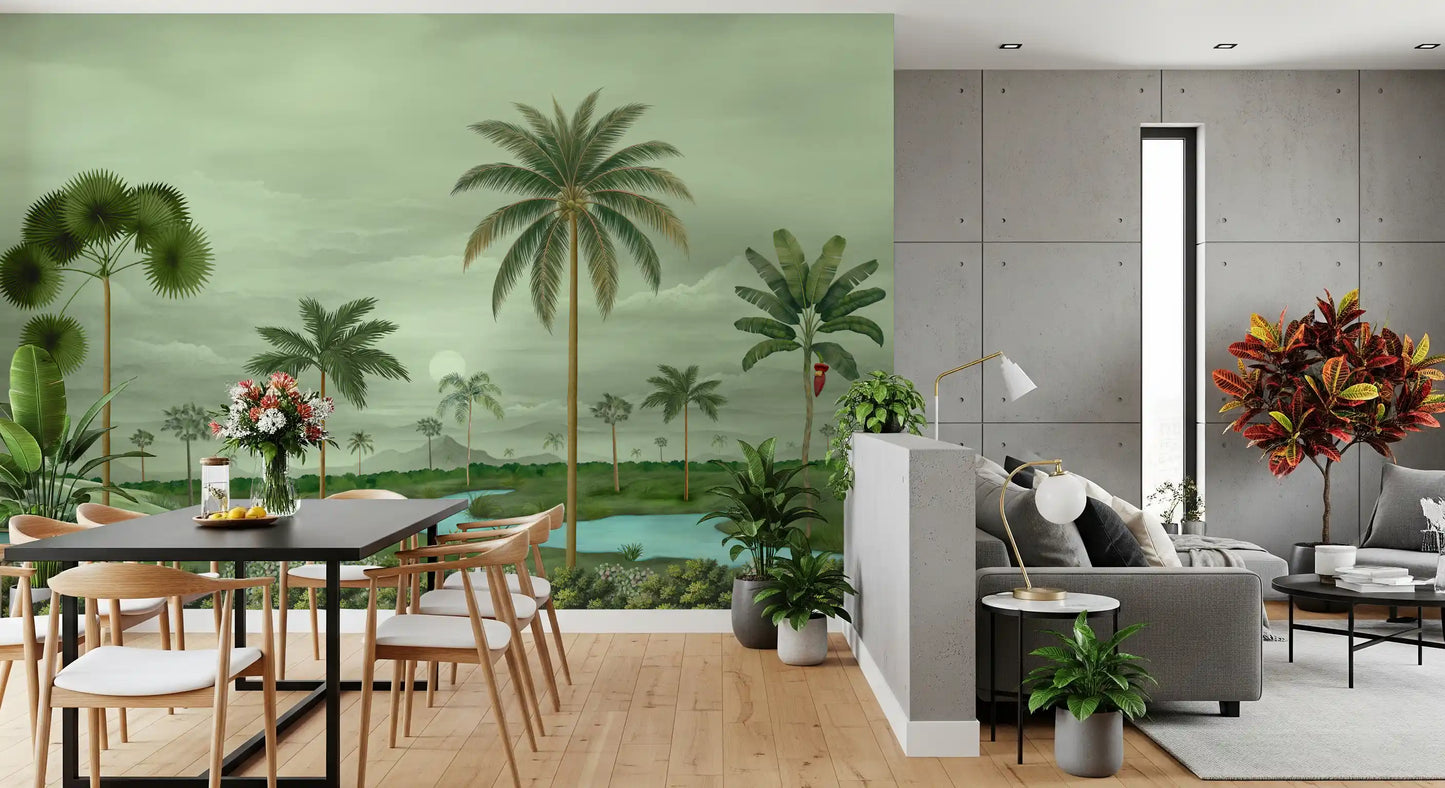 Tropical river mural featuring palm silhouettes and gentle landscape layers