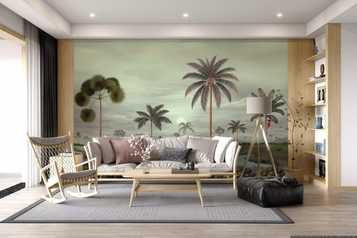 Serenity landscape mural featuring calm riverbanks and layered tropical trees