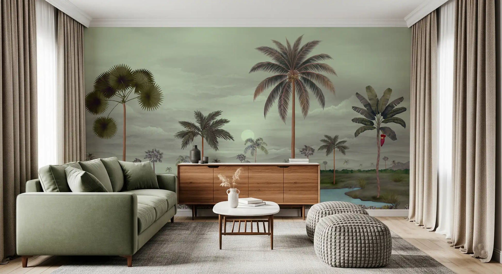Tropical Serenity Riverbanks Wall Mural with blue water and palm trees