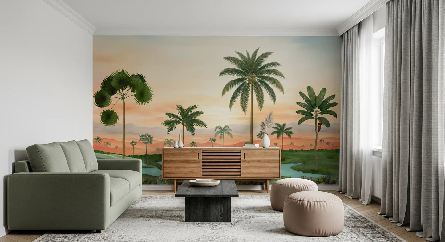 Banana palms rise next to fan palms on Tropical River Retreat wall mural up close.
