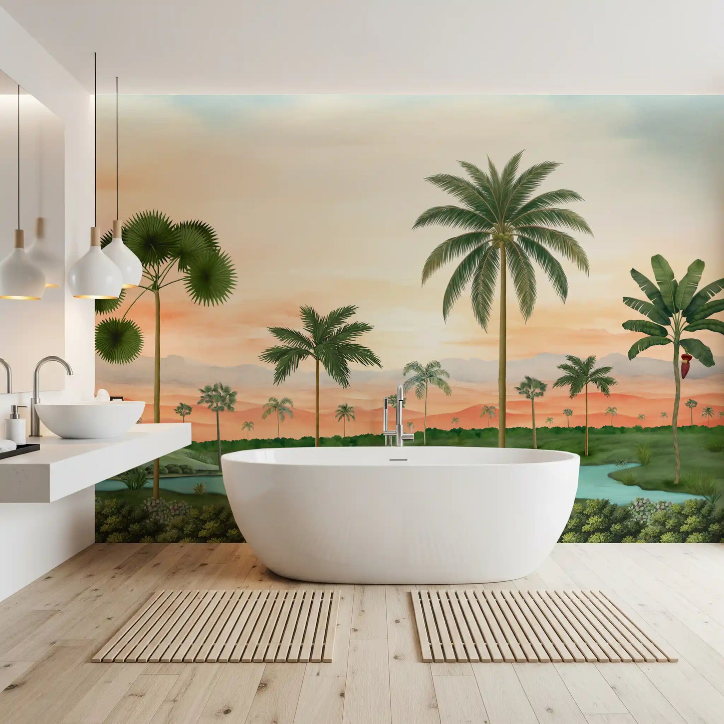 Distant coral mountains fade behind tall palms on Lush Tropical Retreat wall mural.
