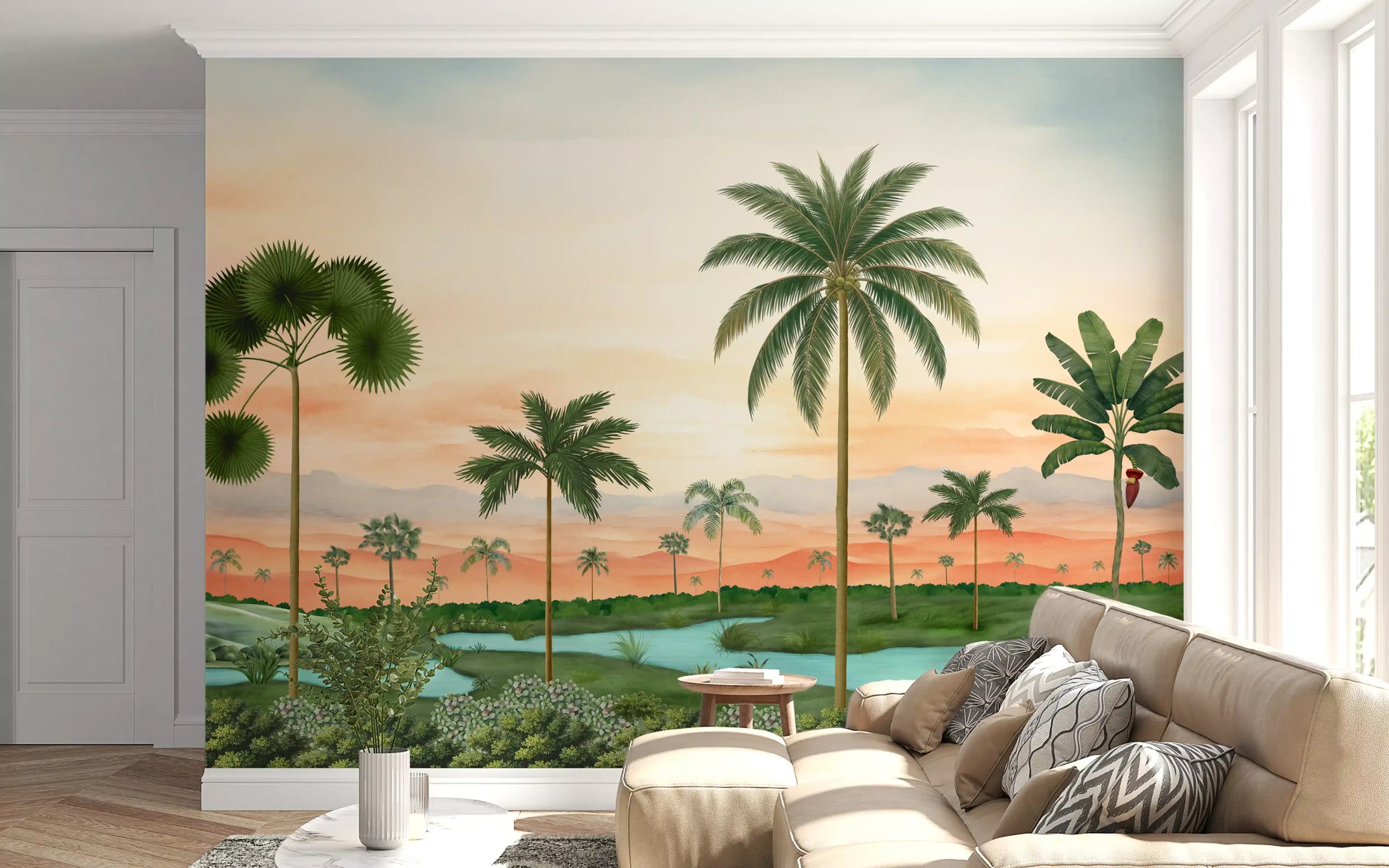 Slim palms and a quiet river line up across Lush River Retreat wall mural fully.