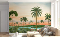 Slim palms and a quiet river line up across Lush River Retreat wall mural fully.