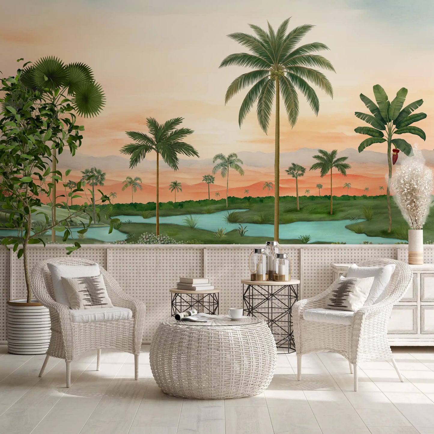 River and palm scene a Dining area to Lush Tropical River Retreat wall mural.
