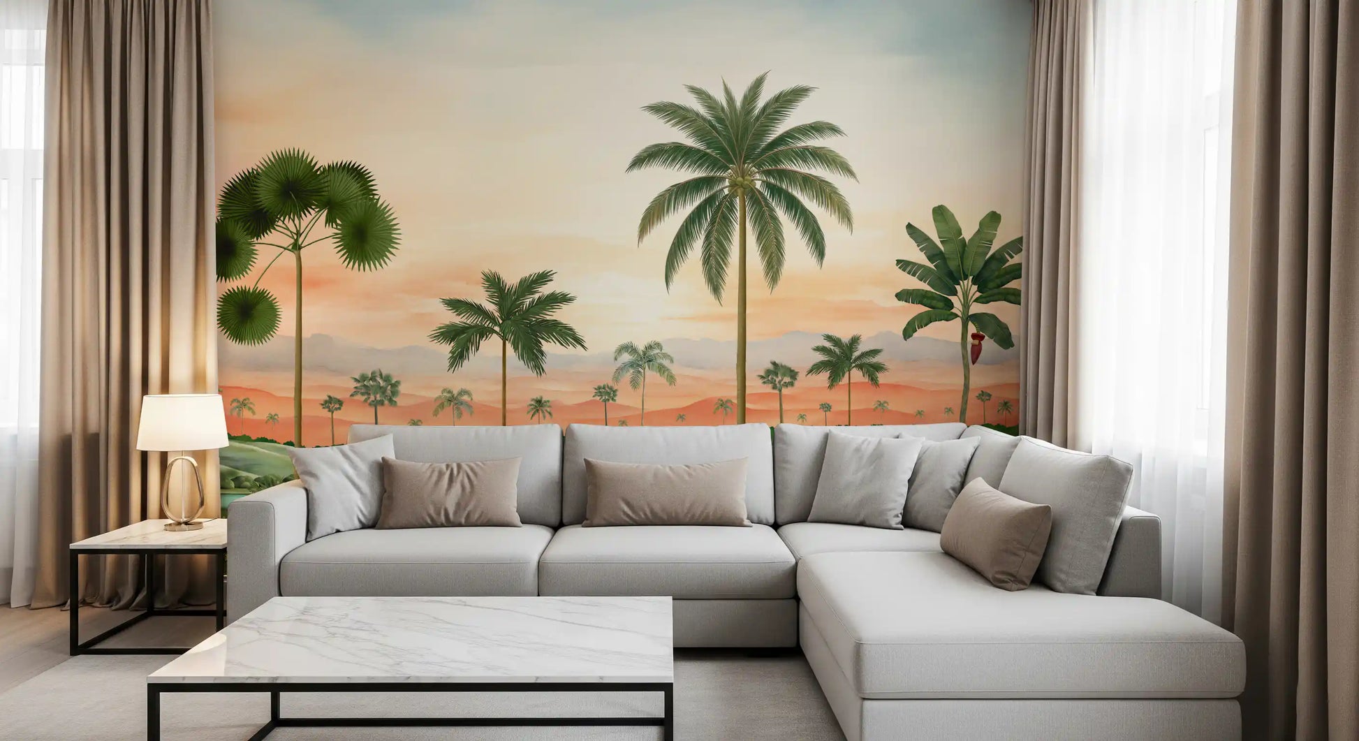 Living area gets a jungle feel via Tropical River Retreat wall mural.