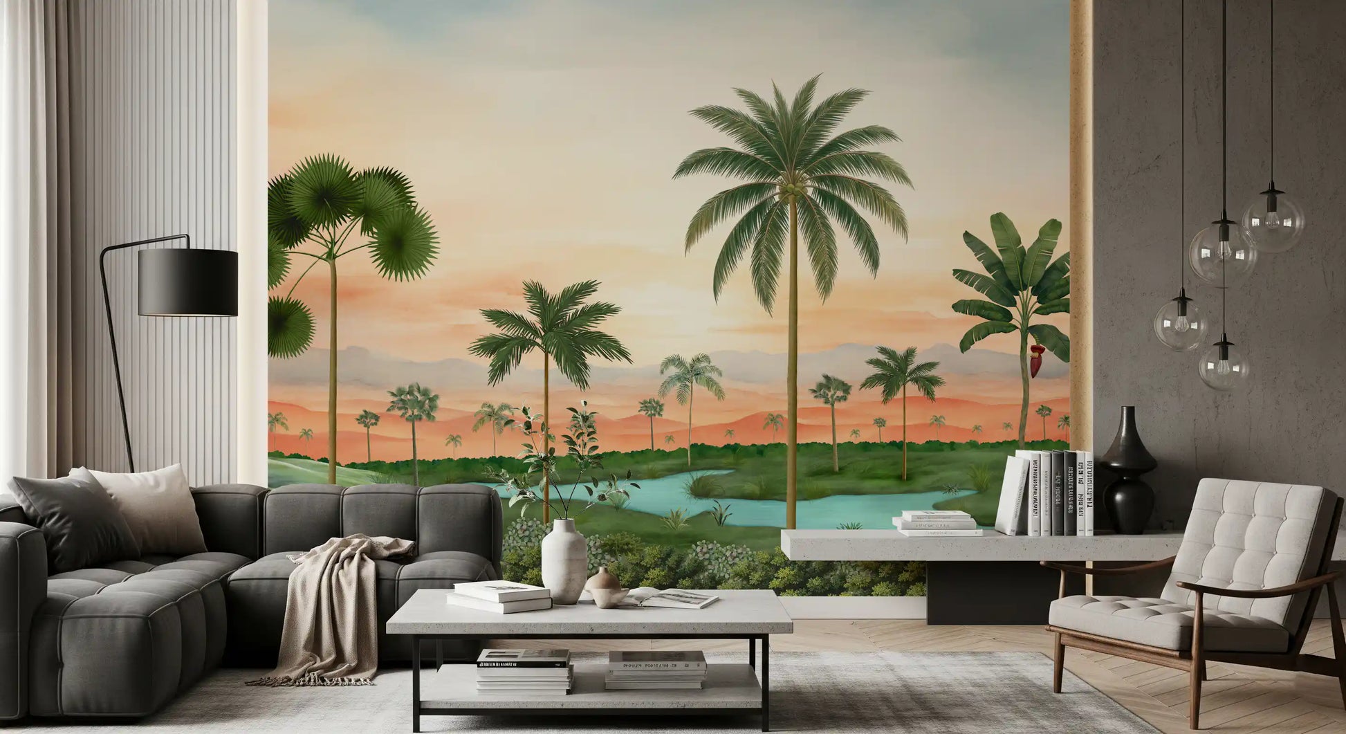 Cool water winds past green grass on Lush Tropical River wall mural details here.