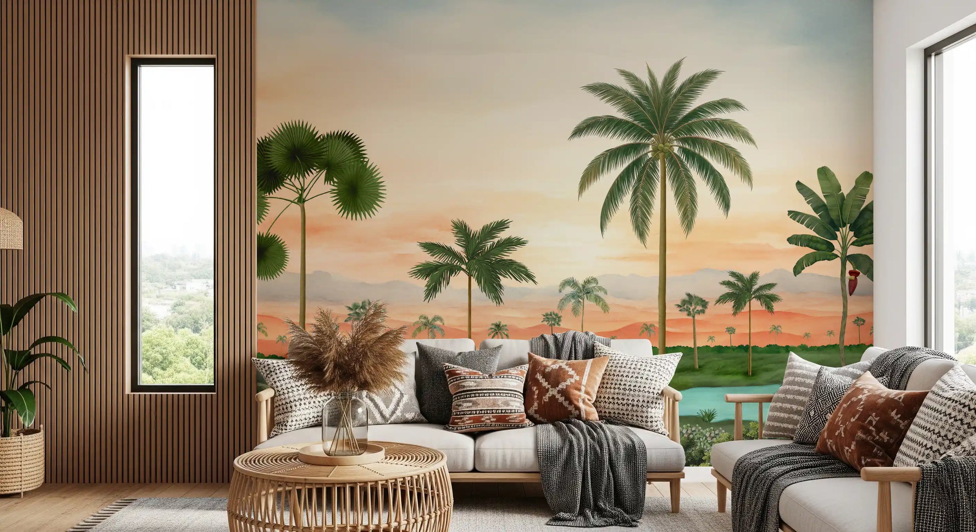 Coral hills meet a Livjng area Lush Tropical Retreat wall mural and palms.