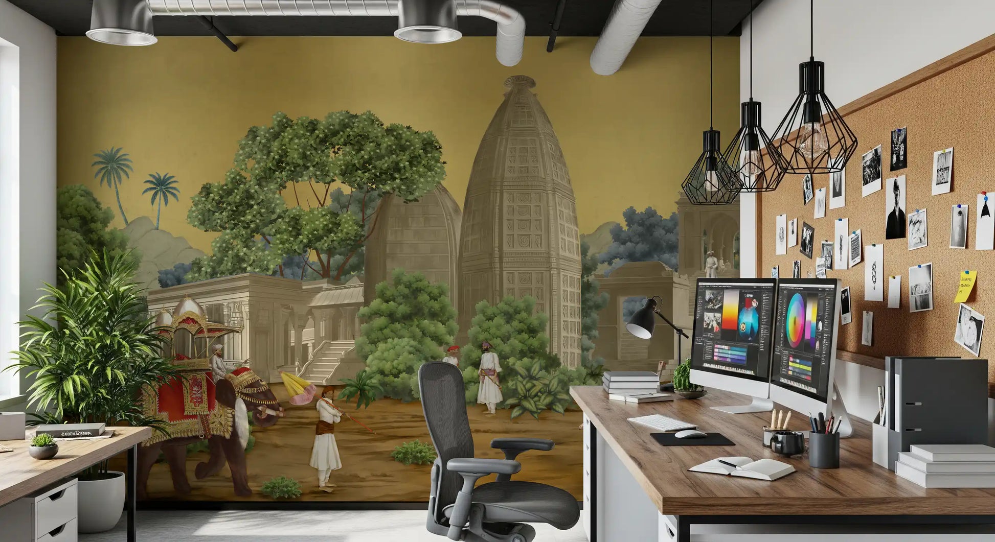 stone temples rise against yellow backgrounds in the Procession wall mural.