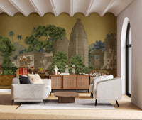 The majestic elephant transports riders across a lively Procession wall mural