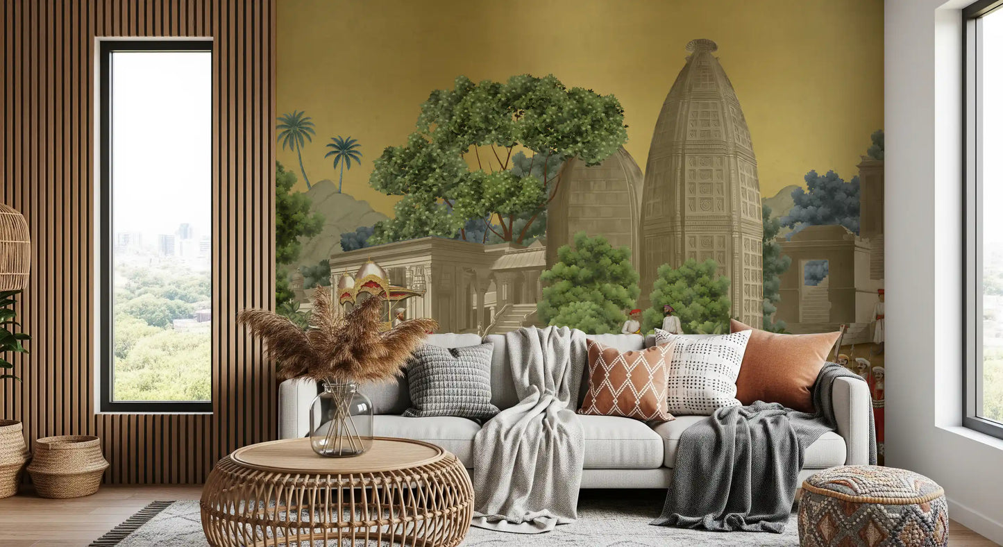 The Living room features golden skies from a grand Procession wall mural.