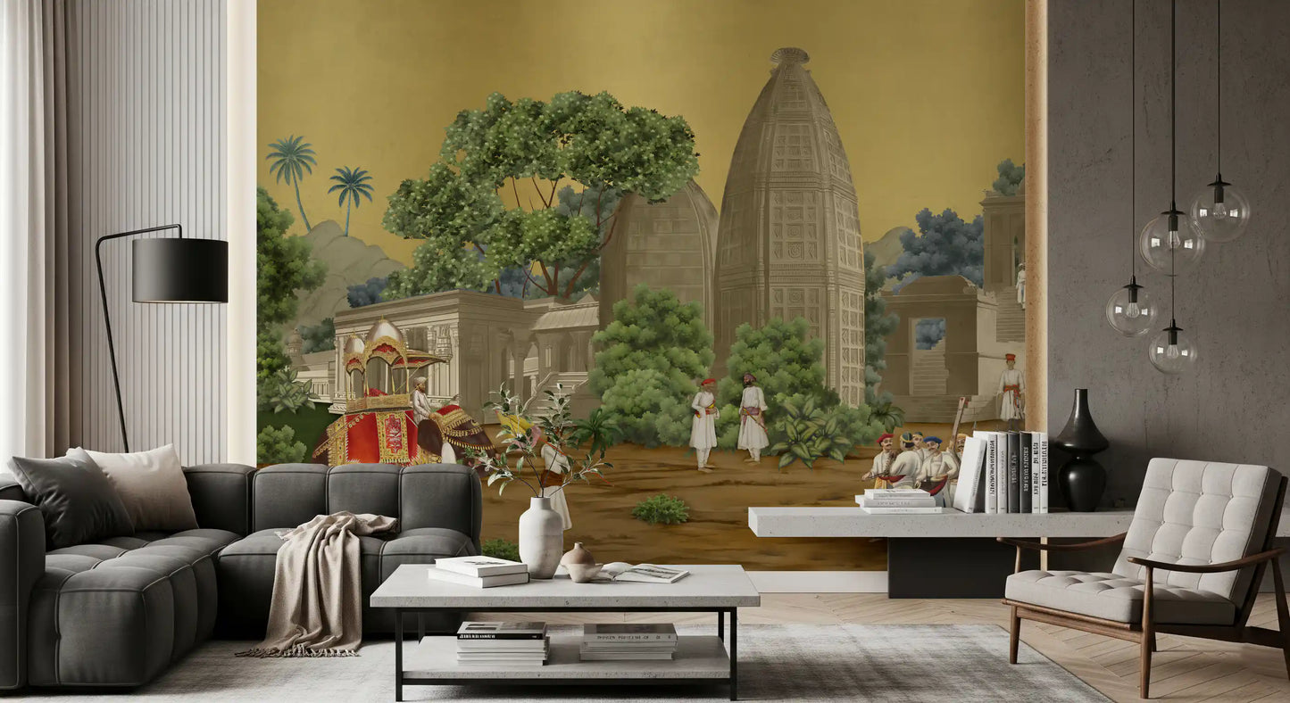 Behind this lounge rests a vibrant Palace wall mural filled with lush trees.