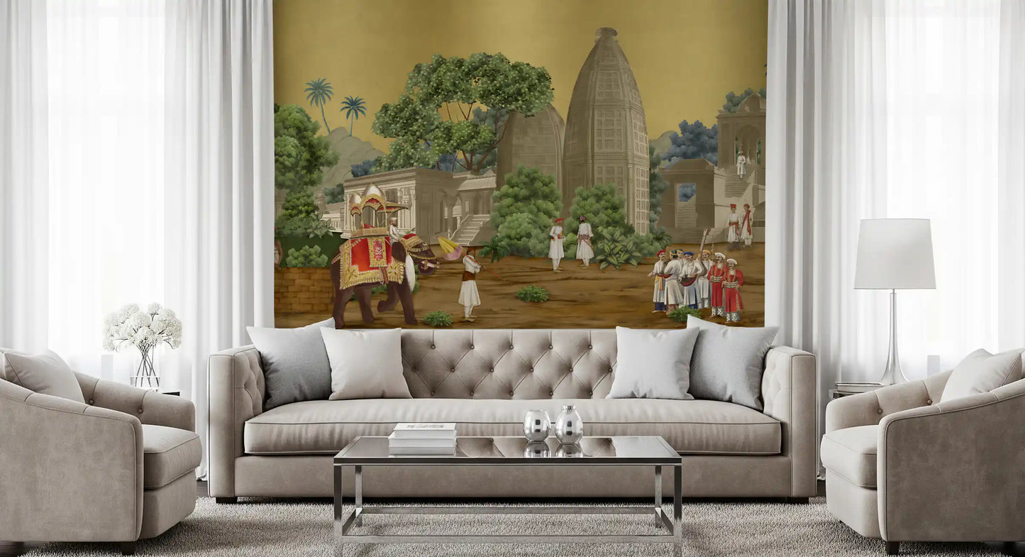 An intricate Palace Procession wall mural spans the expansive Living room.