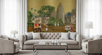 An intricate Palace Procession wall mural spans the expansive Living room.
