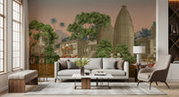 Lush greenery and temples from the Royal wall mural fill this lounge.
