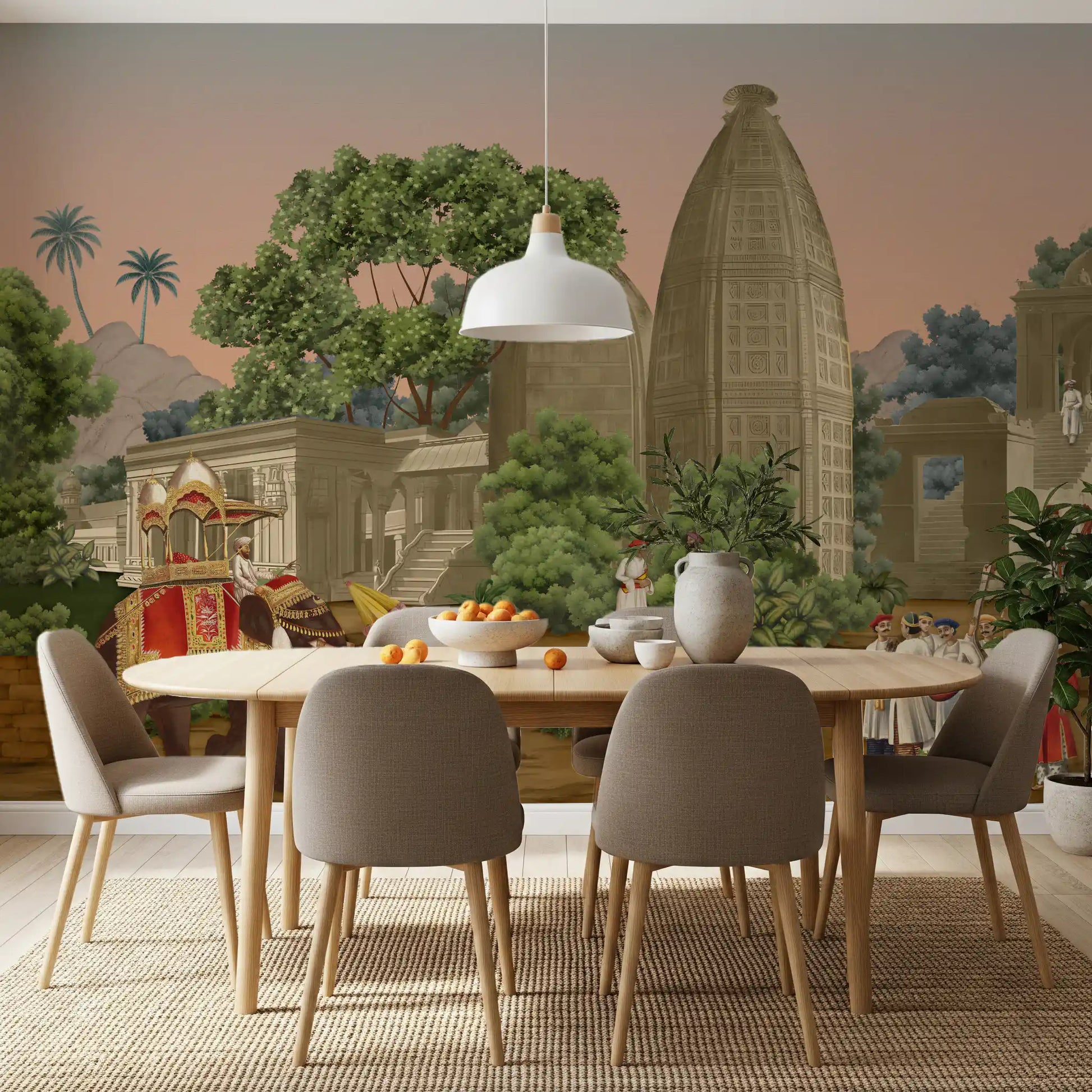 Neutral tones in the Dining area complement the historical Procession wall mural.