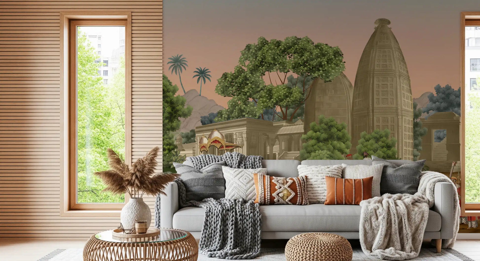 Calm earthy colors of the Procession wall mural the styling in this Living room .