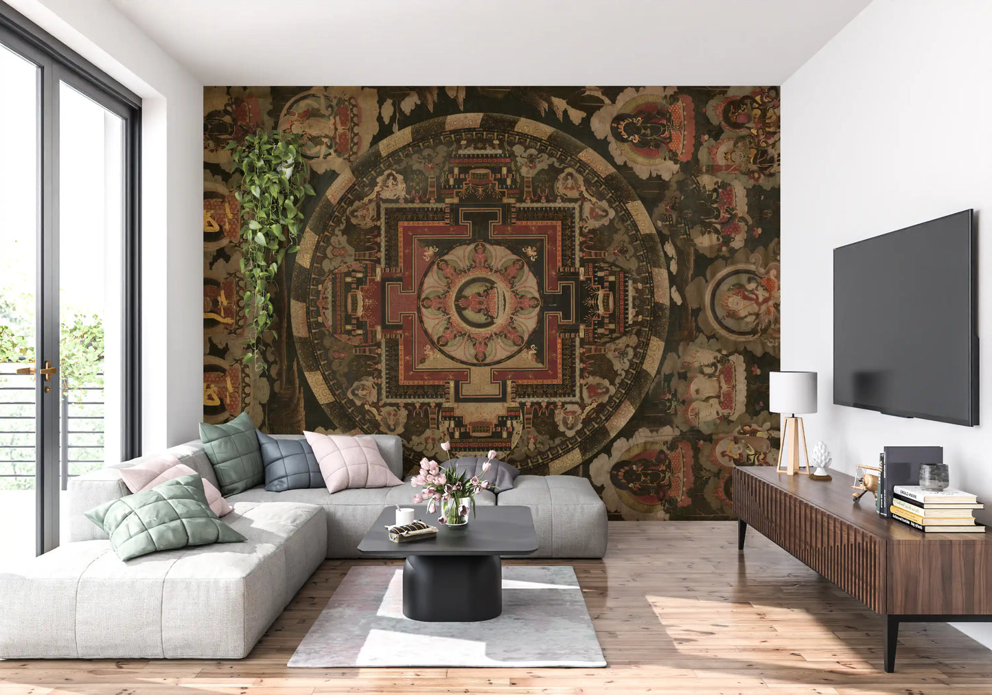 Forest green isolate the figures across the Harmony wall mural.