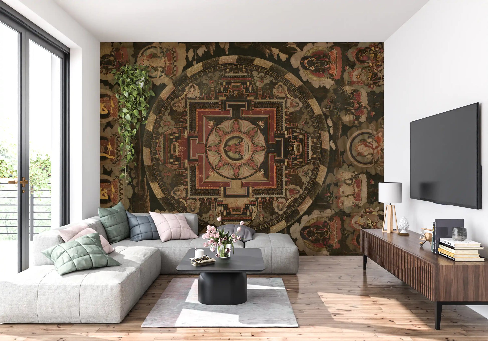Forest green isolate the figures across the Harmony wall mural.