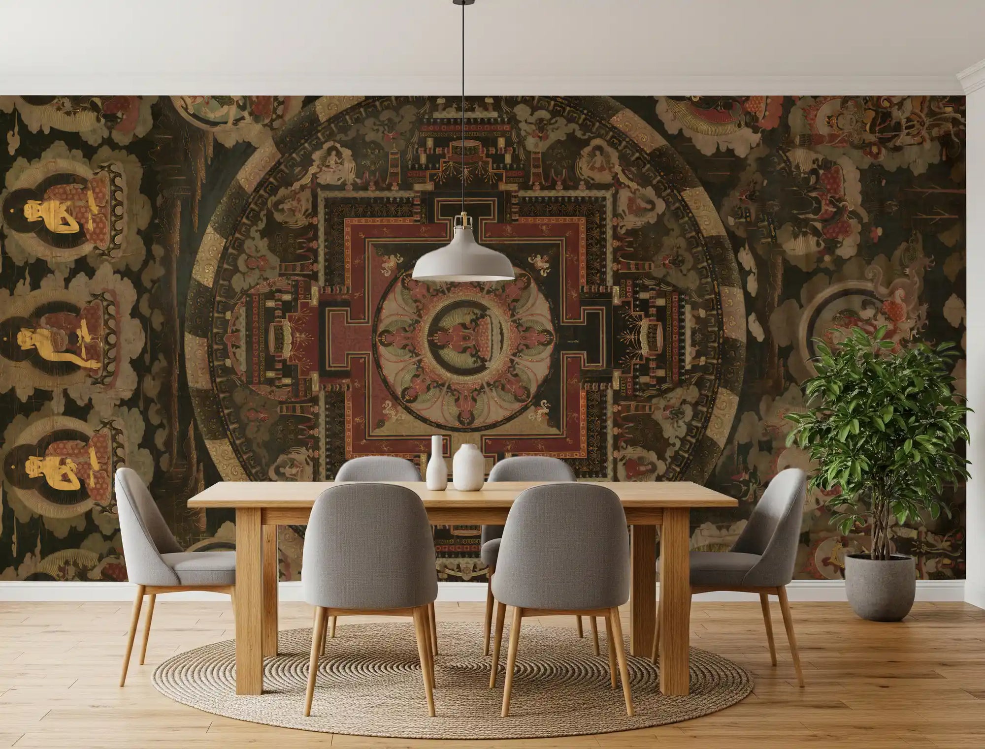 the Ancient Cosmic Harmony wall mural ground this modern dining room.