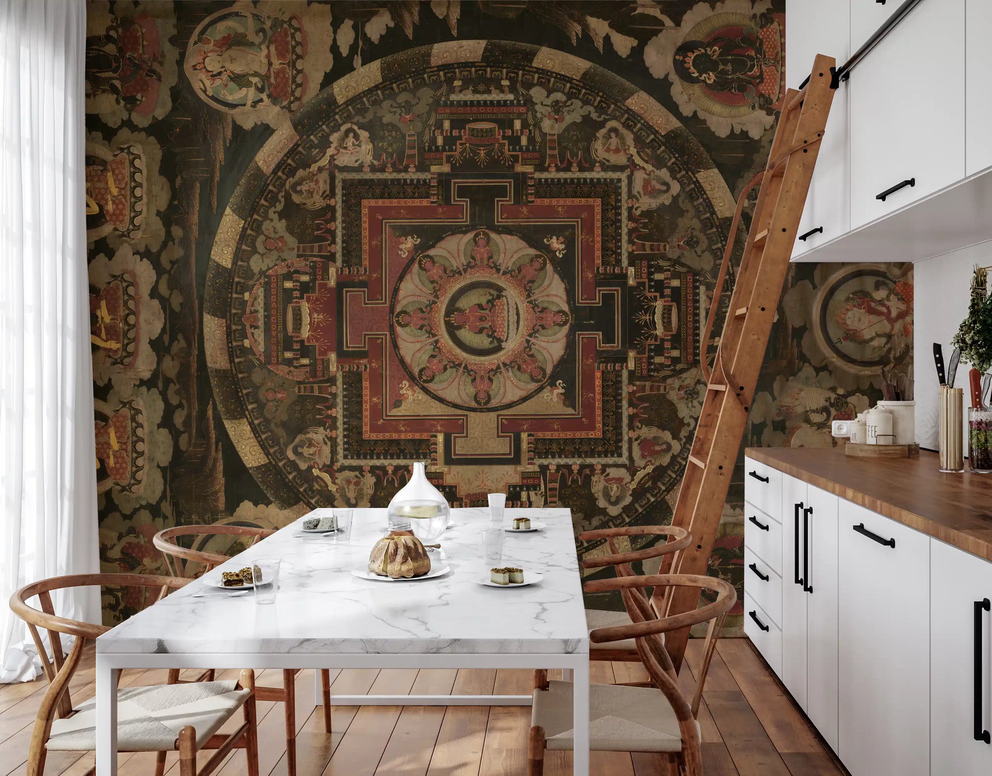 red borders encircle the inner lotus of the Ancient wall mural.