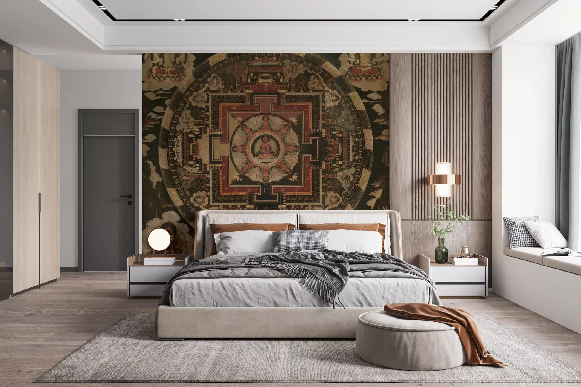 Deep reds and greens border the rings of this Mandala wall mural.
