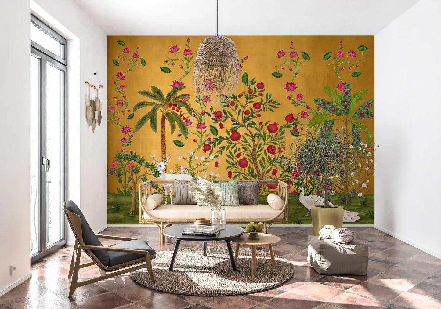 Regal Wildlife Paradise wall mural with pink lotus vines climbing a gold ground