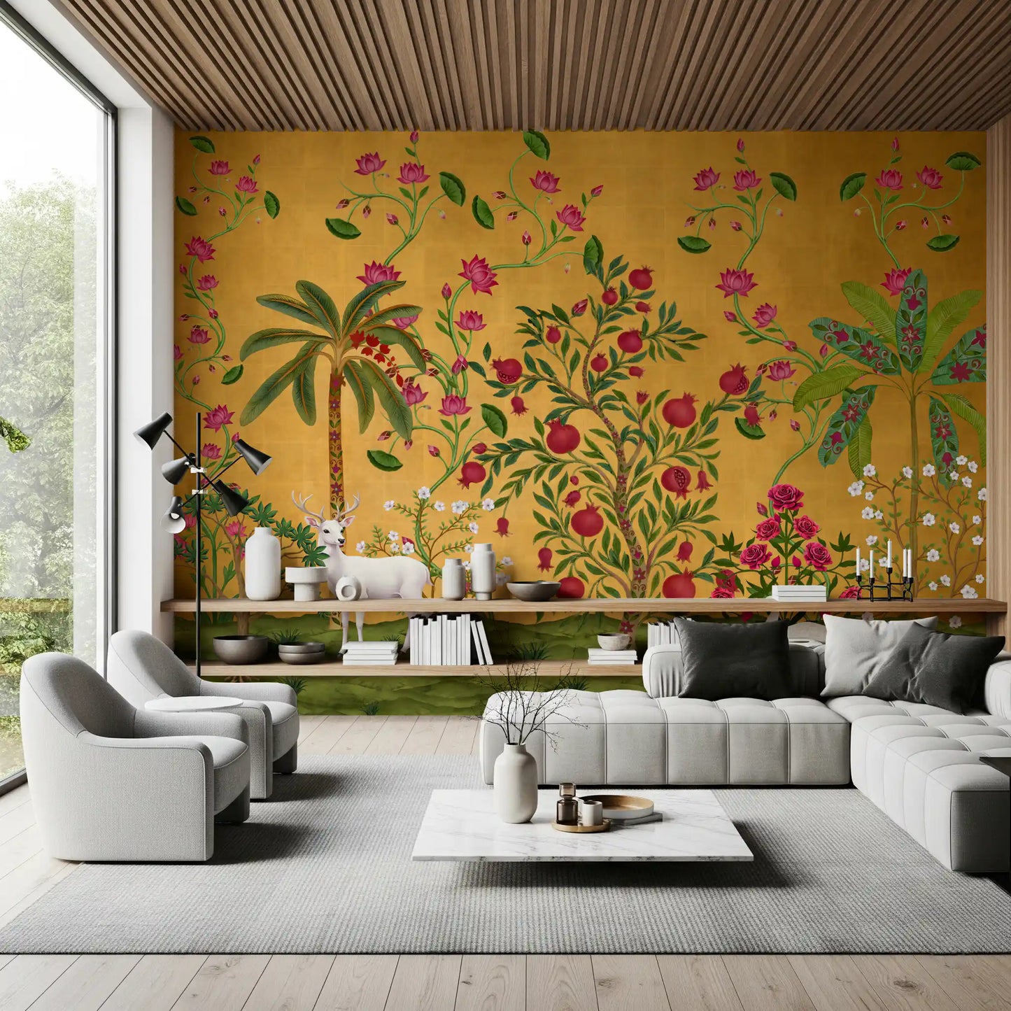 White deer stands among pomegranate trees on the Regal Wildlife Paradise wall mural