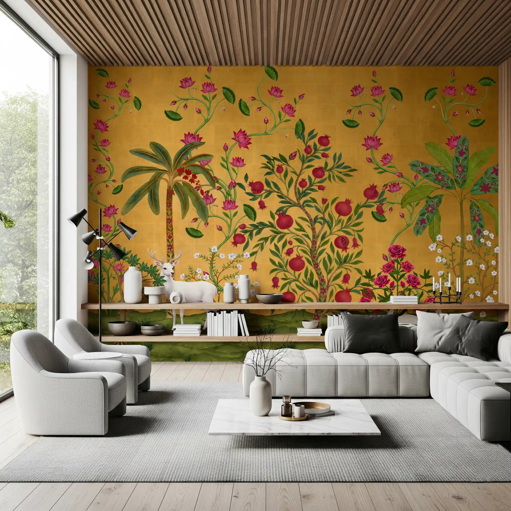 White deer stands among pomegranate trees on the Regal Wildlife Paradise wall mural