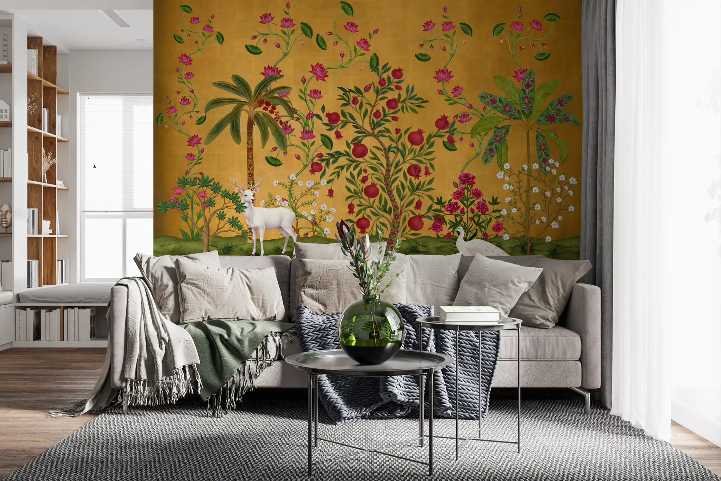 Living room backed by Regal Wildlife Paradise wall mural in gold, pink and green tones