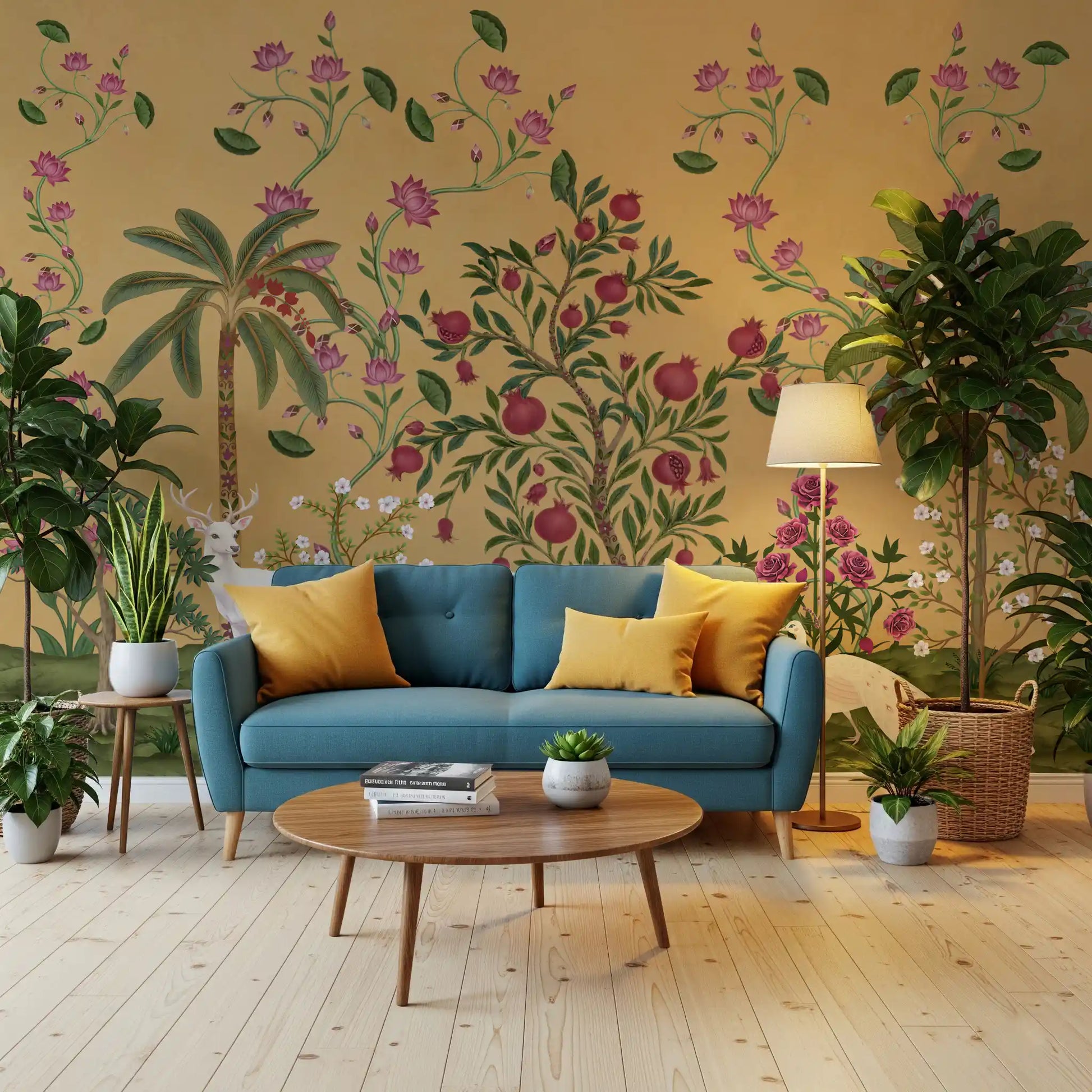 Hallway backed by botanical Mughal Garden Serenity wall mural in gold tones