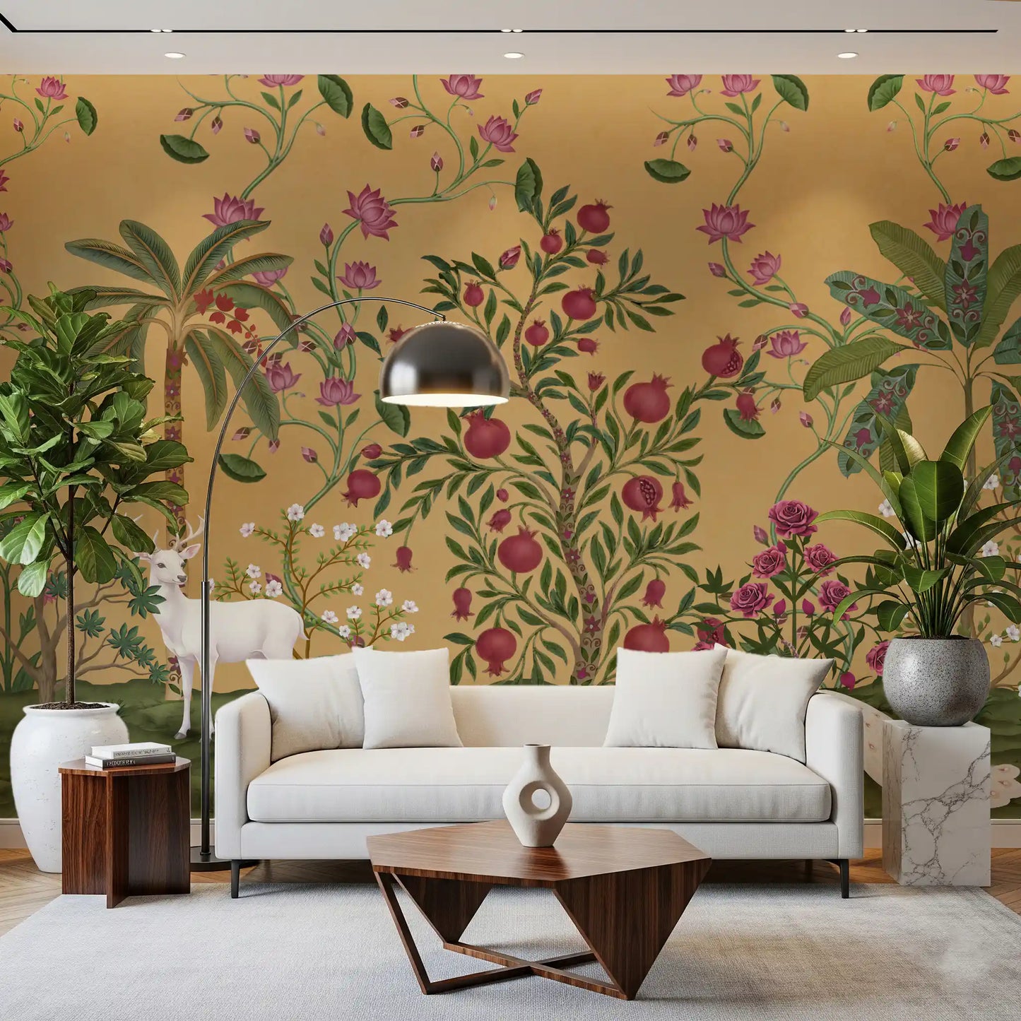 Lotus vines climb the Mughal Serenity wall mural over a golden ochre ground