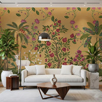 Lotus vines climb the Mughal Serenity wall mural over a golden ochre ground