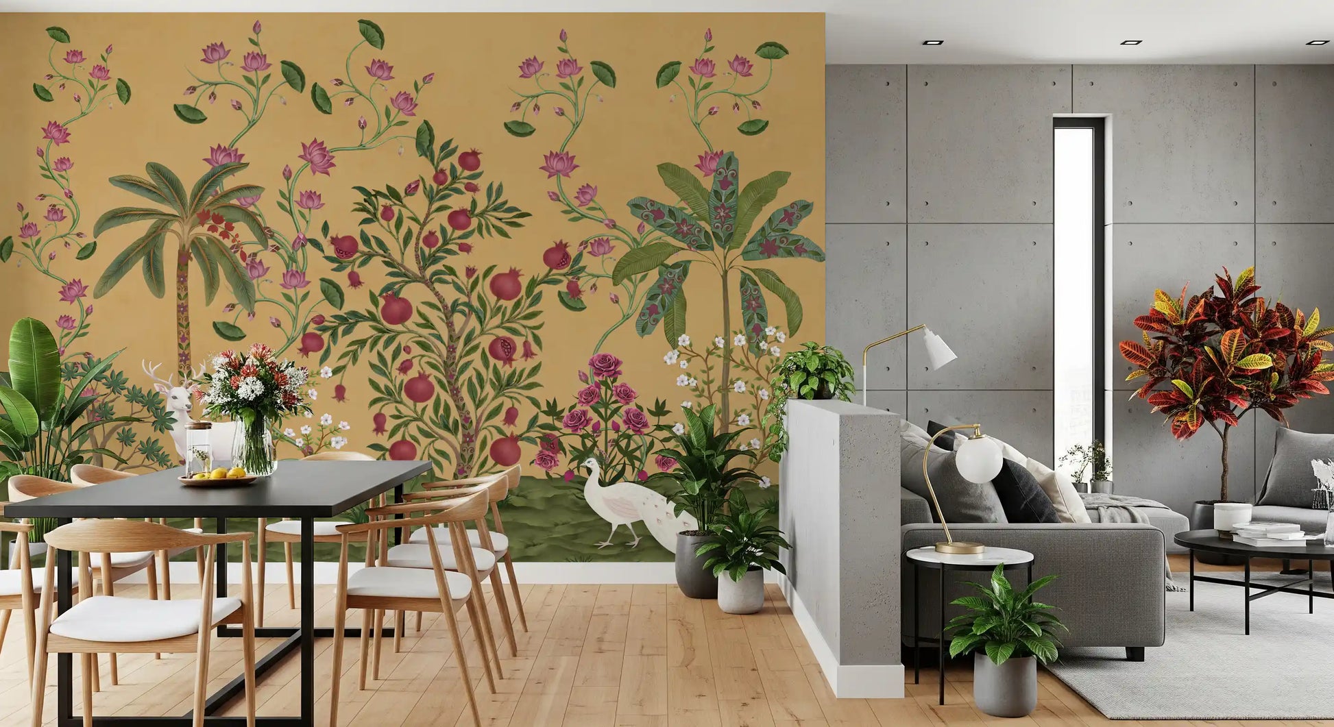 Dining and living room spot showing lotus Mughal Garden Serenity wall mural