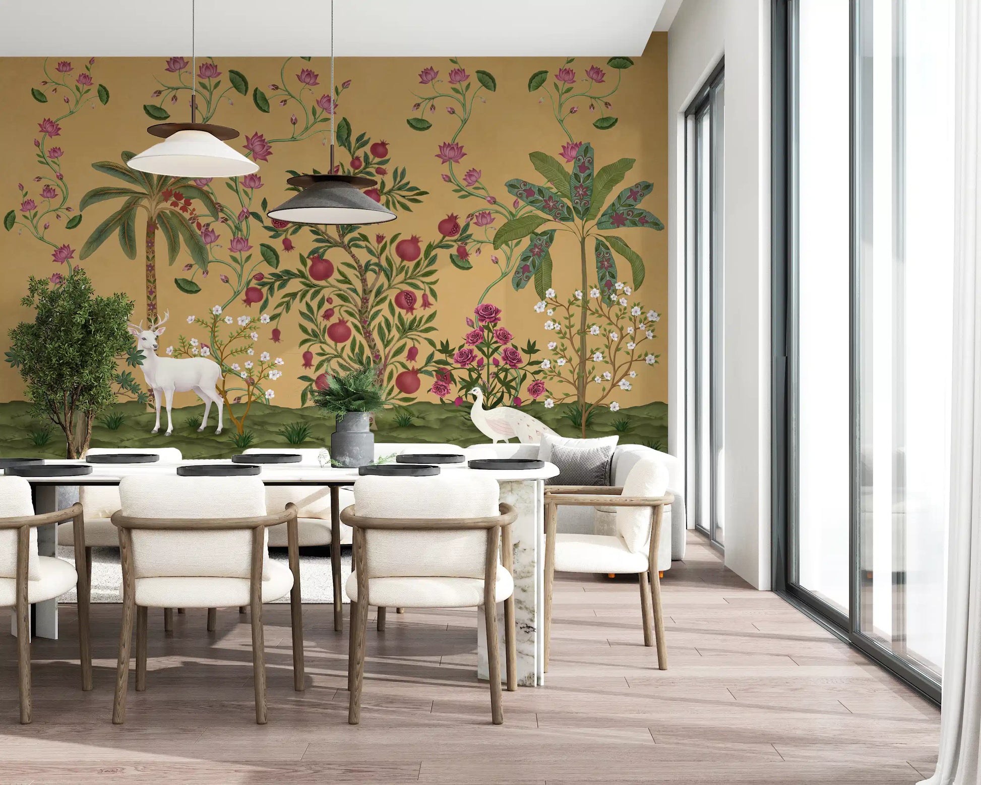 Dining room around lotus and peacock Mughal Garden Serenity wall mural