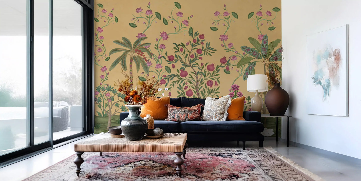 White deer rests among pomegranate trees in this Garden Serenity wall mural
