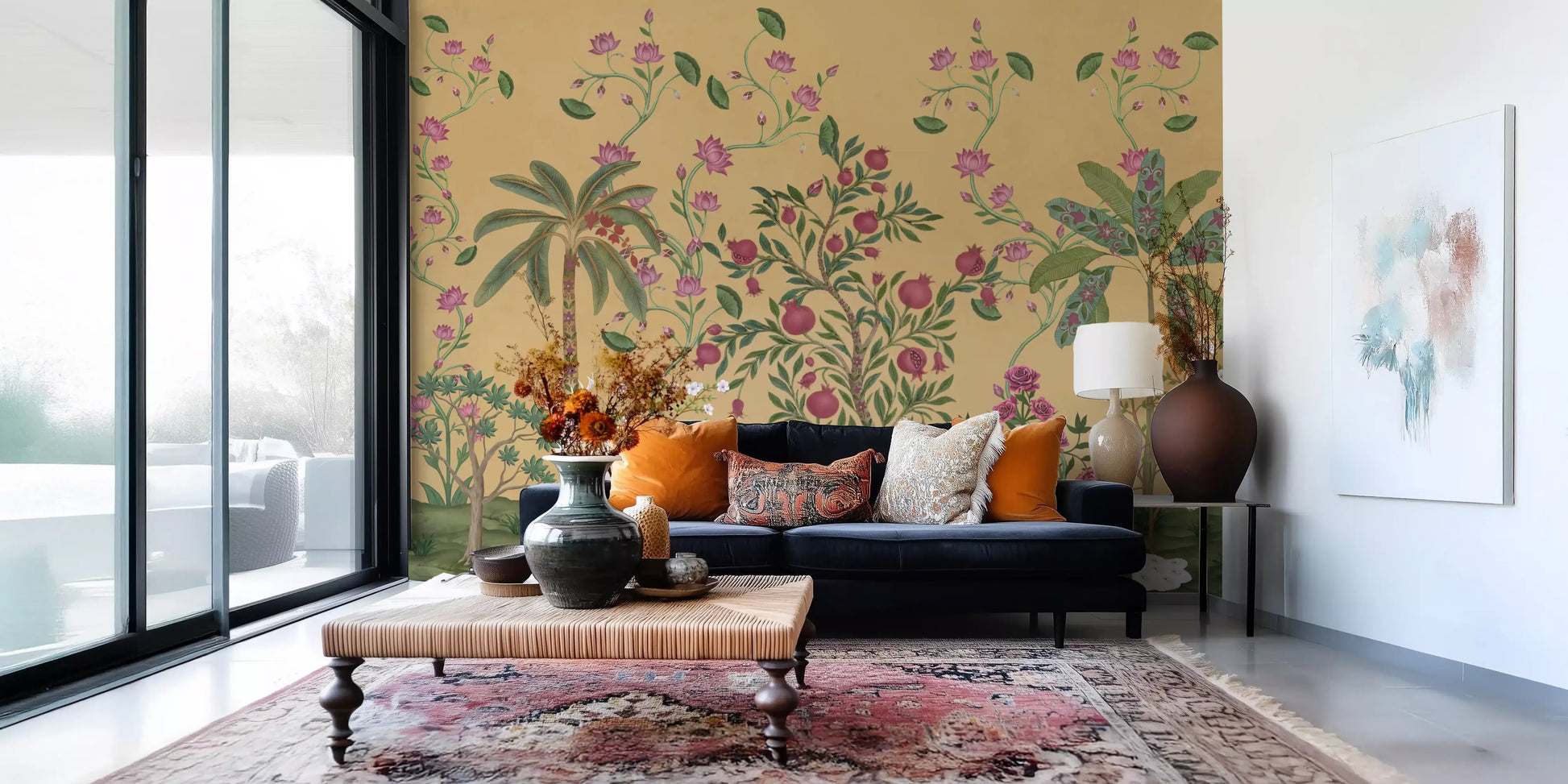White deer rests among pomegranate trees in this Garden Serenity wall mural
