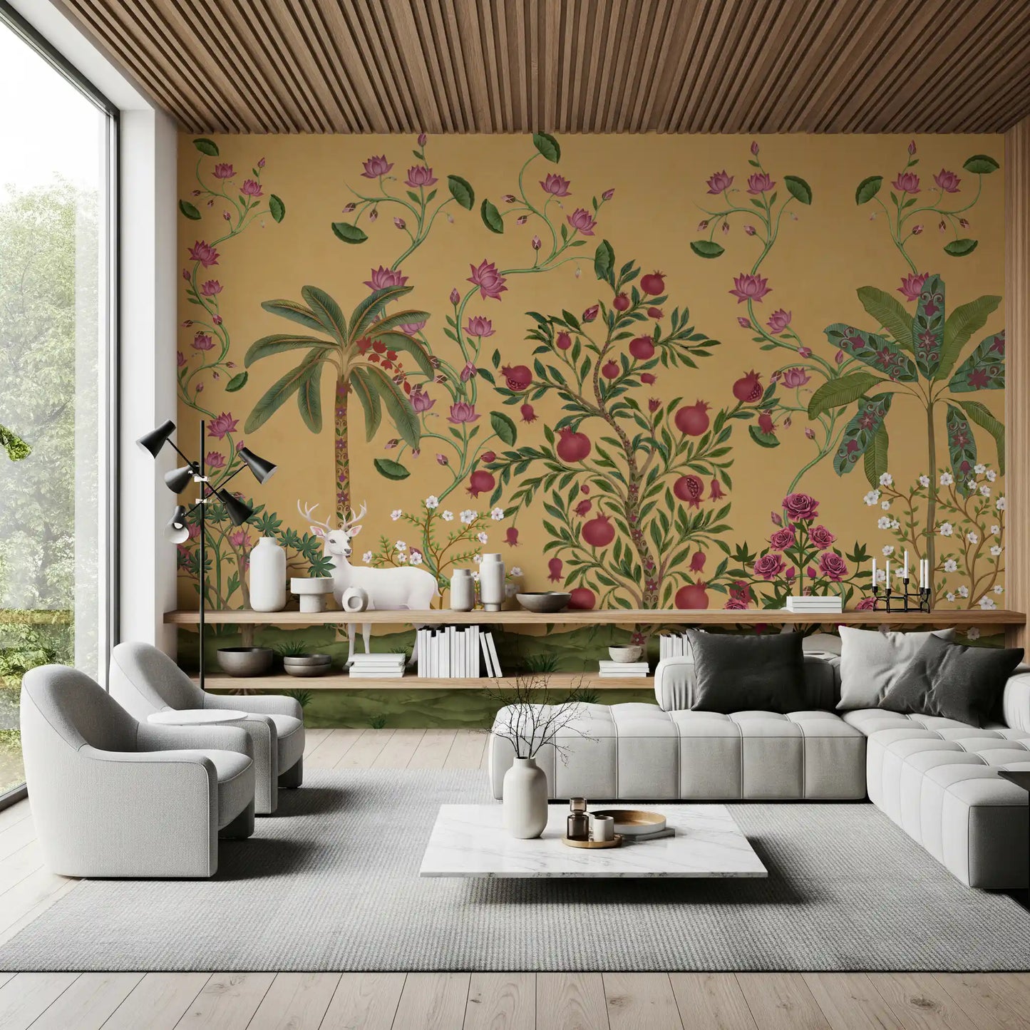 Ruby pomegranates and magenta blooms fill the Serenity wall mural