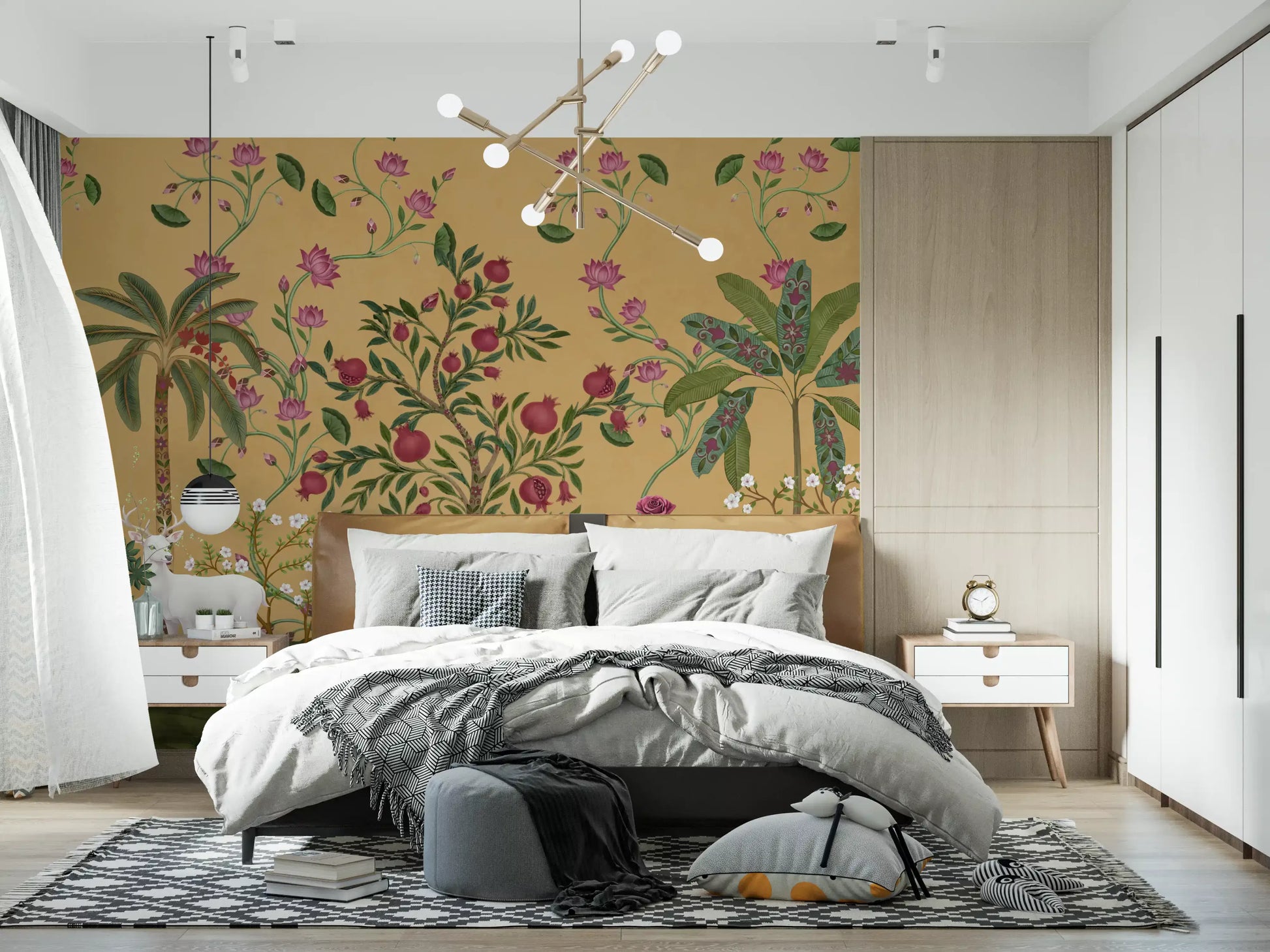 Bedroom set the warm Mughal Garden Serenity wall mural with deer motif
