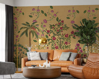 Living room area the Mughal Garden Serenity wall mural its ochre garden scene