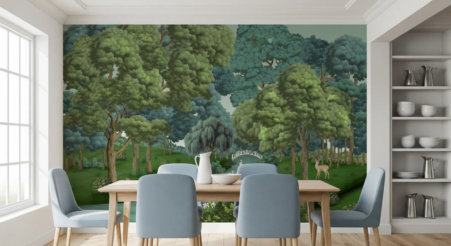 Dining room around the swan and deer Swan Lake Woodland wall mural