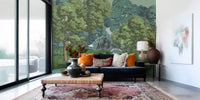 Hallway  backdrop showing the Swan Lake Woodland wall mural in green