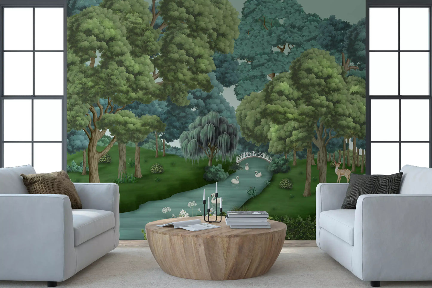 Painted woodland river fills this wall mural behind a Living area