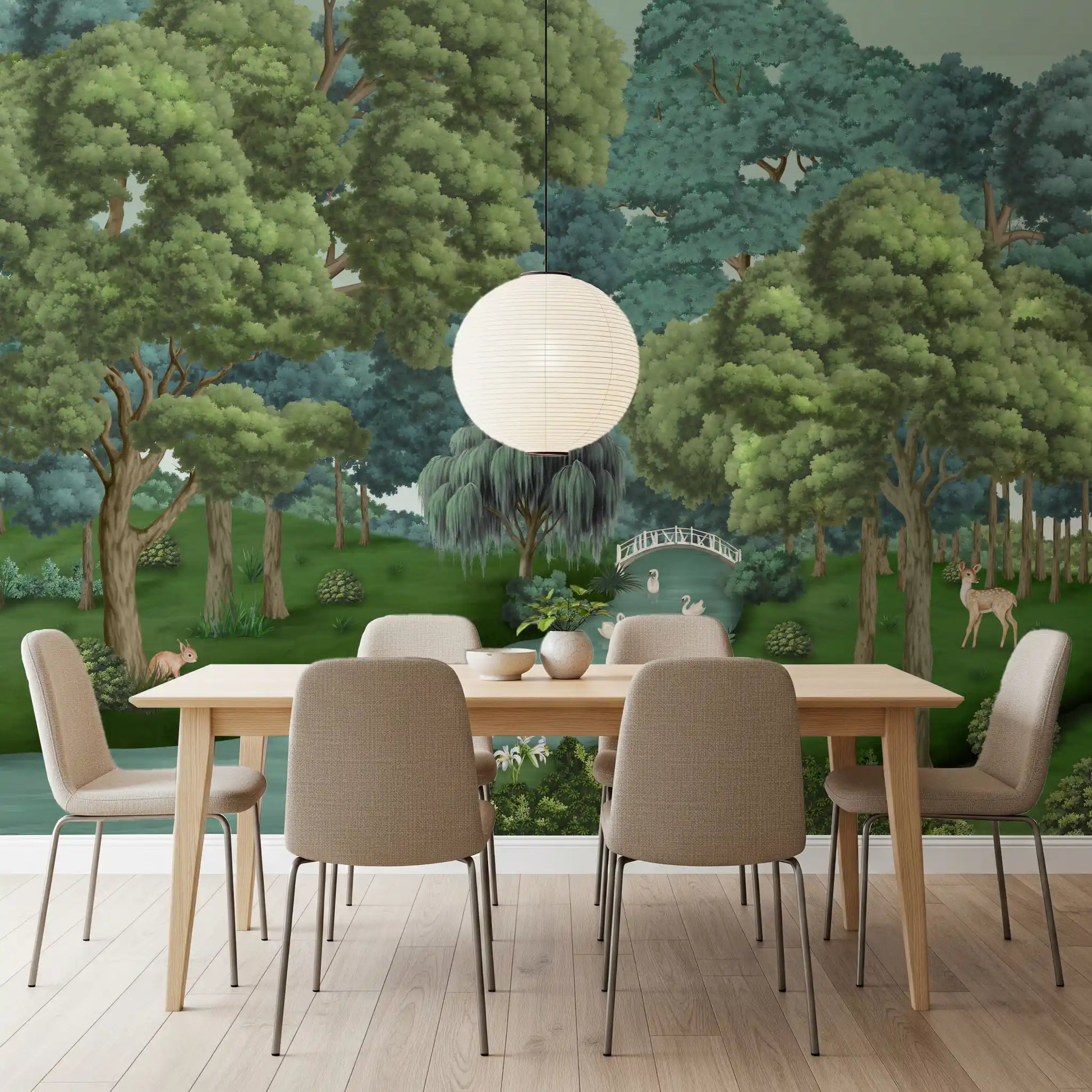 Tall green trees rise over the Swan Lake Woodland wall mural scene