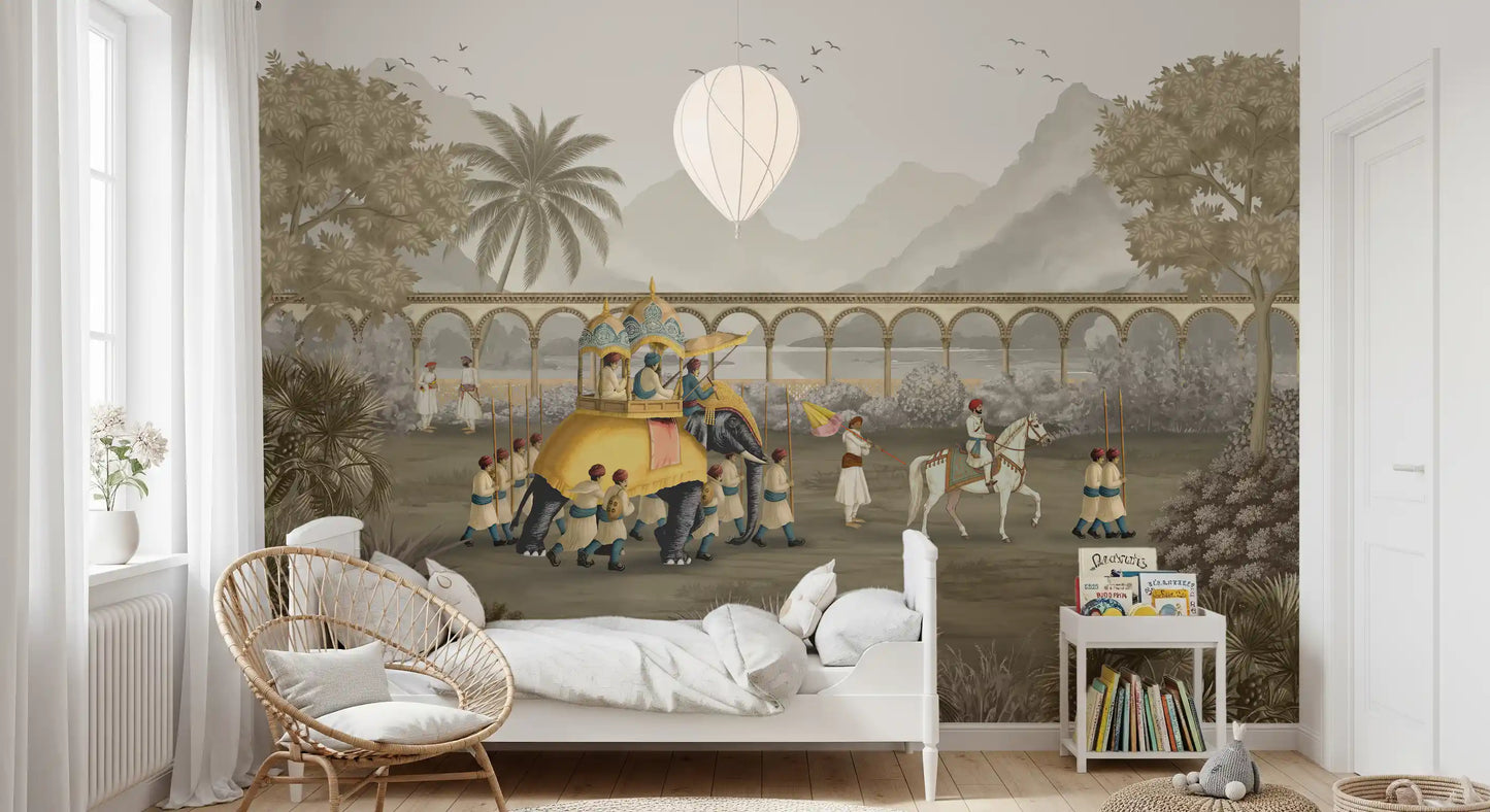 Kids bedroom scene where a golden elephant wall mural sets a calm royal 